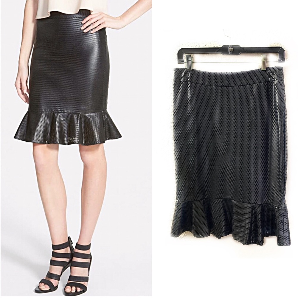 RMLA M Peplum Skirt Faux Leather Perforated Tulip Peplum Flare Stretch Pencil